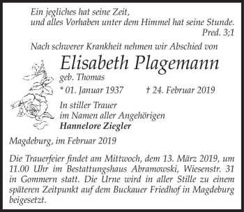 Traueranzeige von Elisabeth Plagemann (geb. Thomas)  von Magdeburger Volksstimme