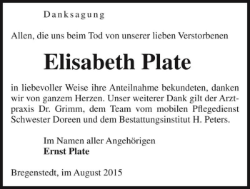 Traueranzeige von Elisabeth Plate  von Magdeburger Volksstimme