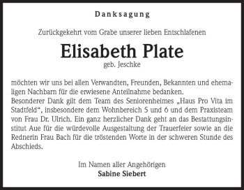 Traueranzeige von Elisabeth Plate (geb. Jeschke)  von Magdeburger Volksstimme