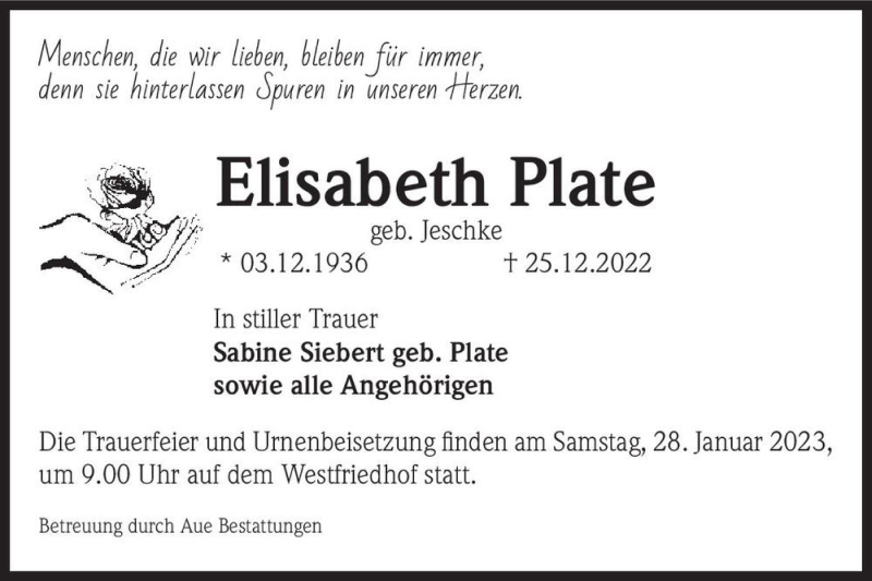  Traueranzeige für Elisabeth Plate (geb. Jeschke)  vom 07.01.2023 aus Magdeburger Volksstimme