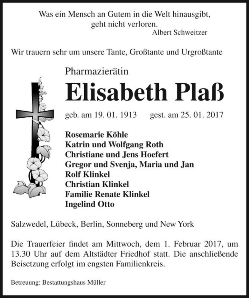  Traueranzeige für Elisabeth Plaß  vom 27.01.2017 aus Magdeburger Volksstimme