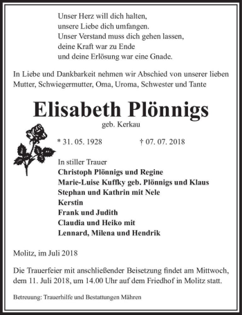 Traueranzeige von Elisabeth Plönnigs (geb. Kerkau)  von Magdeburger Volksstimme