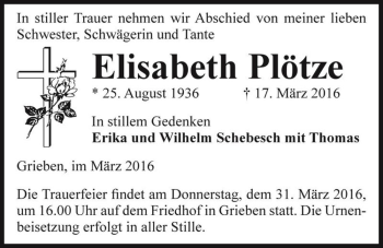 Traueranzeige von Elisabeth Plötze  von Magdeburger Volksstimme