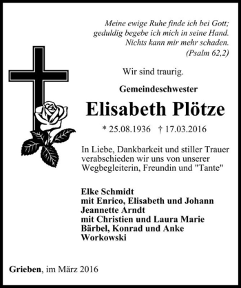 Traueranzeige von Elisabeth Plötze  von Magdeburger Volksstimme