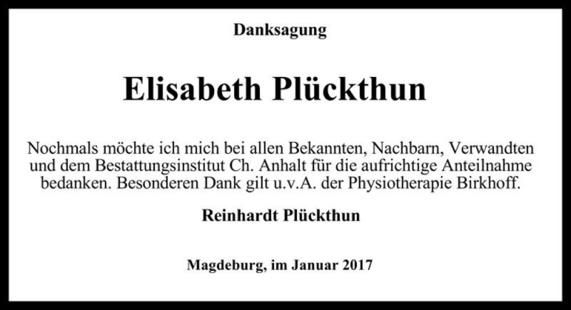  Traueranzeige für Elisabeth Plückthun  vom 04.02.2017 aus Magdeburger Volksstimme