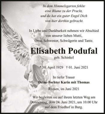 Traueranzeige von Elisabeth Podufal (geb. Schinkel)  von Magdeburger Volksstimme