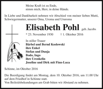 Traueranzeige von Elisabeth Pohl (geb. Jacobs)  von Magdeburger Volksstimme