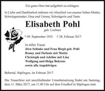 Traueranzeige von Elisabeth Pohl (geb. Lochner)  von Magdeburger Volksstimme