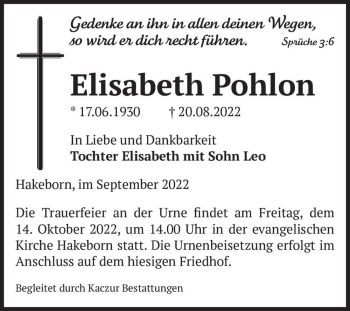 Traueranzeige von Elisabeth Pohlon  von Magdeburger Volksstimme