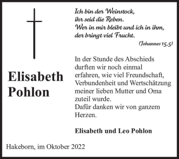 Traueranzeige von Elisabeth Pohlon  von Magdeburger Volksstimme