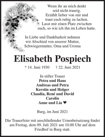 Traueranzeige von Elisabeth Pospiech  von Magdeburger Volksstimme