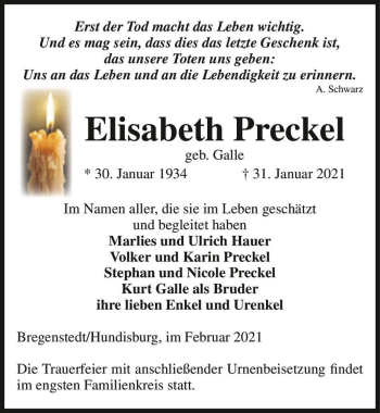 Traueranzeige von Elisabeth Preckel (geb. Galle)  von Magdeburger Volksstimme