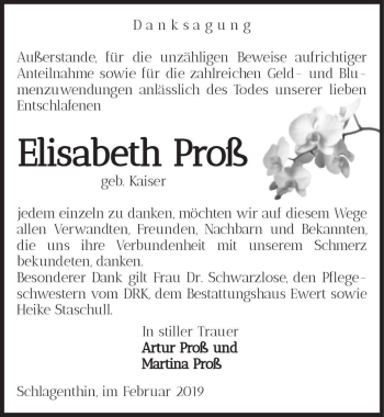 Traueranzeige von Elisabeth Proß (geb. Kaiser)  von Magdeburger Volksstimme