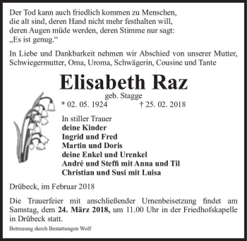 Traueranzeige von Elisabeth Raz (geb. Stagge)  von Magdeburger Volksstimme