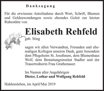 Traueranzeige von Elisabeth Rehfeld (geb. Stieg)  von Magdeburger Volksstimme