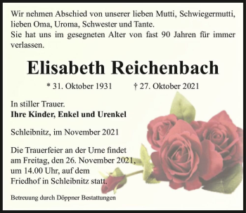 Traueranzeige von Elisabeth Reichenbach  von Magdeburger Volksstimme