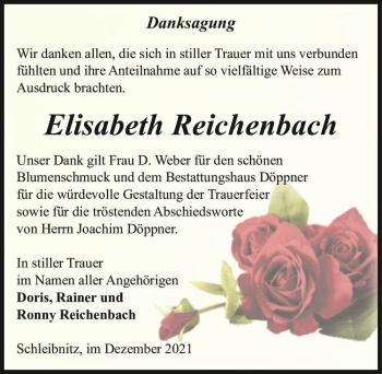 Traueranzeige von Elisabeth Reichenbach  von Magdeburger Volksstimme