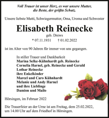 Traueranzeige von Elisabeth Reinecke (geb.  Drews)  von Magdeburger Volksstimme