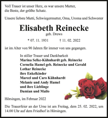 Traueranzeige von Elisabeth Reinecke (geb. Drews)  von Magdeburger Volksstimme