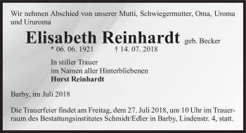 Traueranzeige von Elisabeth Reinhardt (geb. Becker)  von Magdeburger Volksstimme