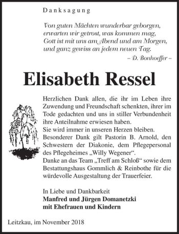 Traueranzeige von Elisabeth Ressel  von Magdeburger Volksstimme