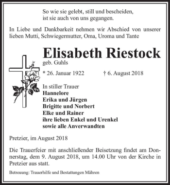 Traueranzeige von Elisabeth Riestock (geb. Guhls)  von Magdeburger Volksstimme