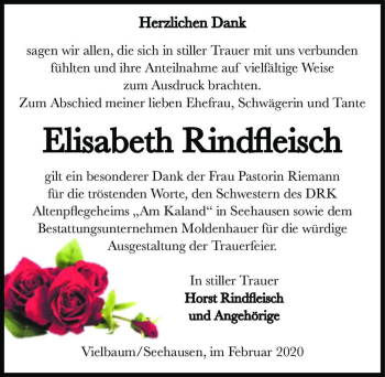 Traueranzeige von Elisabeth Rindfleisch  von Magdeburger Volksstimme