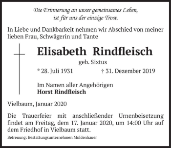 Traueranzeige von Elisabeth Rindfleisch (geb. Sixtus)  von Magdeburger Volksstimme