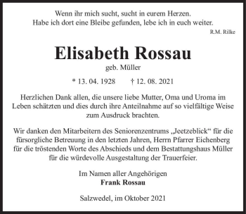 Traueranzeige von Elisabeth Rossau (geb. Müller)  von Magdeburger Volksstimme