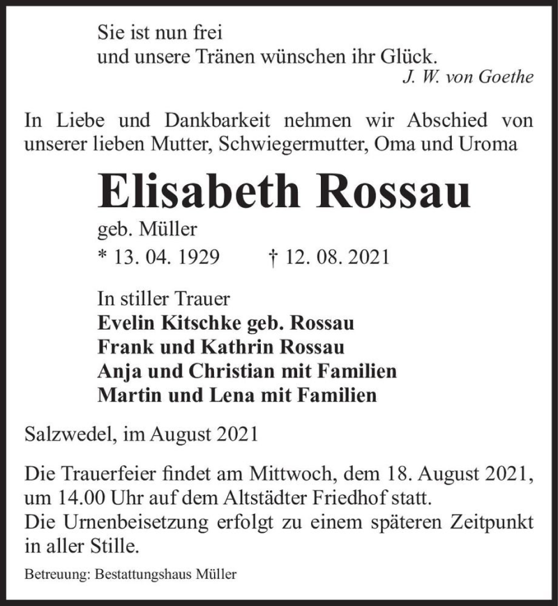  Traueranzeige für Elisabeth Rossau (geb. Müller)  vom 14.08.2021 aus Magdeburger Volksstimme