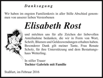 Traueranzeige von Elisabeth Rost  von Magdeburger Volksstimme