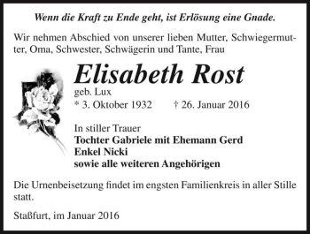 Traueranzeige von Elisabeth Rost (geb. Lux)  von Magdeburger Volksstimme