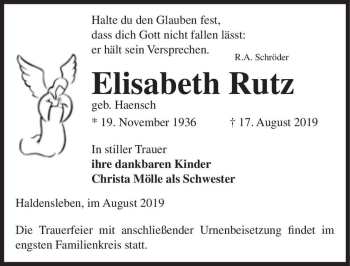Traueranzeige von Elisabeth Rutz (geb. Haensch)  von Magdeburger Volksstimme