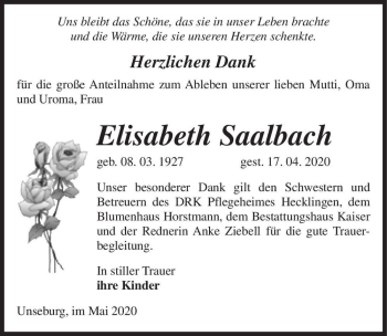 Traueranzeige von Elisabeth Saalbach  von Magdeburger Volksstimme