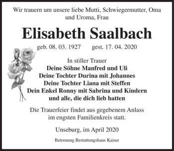 Traueranzeige von Elisabeth Saalbach  von Magdeburger Volksstimme