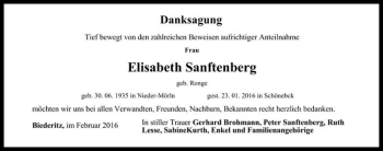 Traueranzeige von Elisabeth Sanftenberg (geb. Ronge)  von Magdeburger Volksstimme