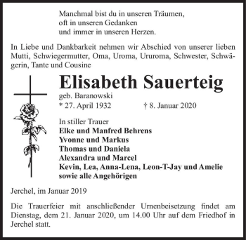 Traueranzeige von Elisabeth Sauerteig (geb. Baranowski)  von Magdeburger Volksstimme