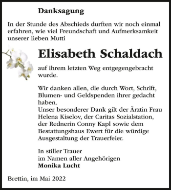 Traueranzeige von Elisabeth Schaldach  von Magdeburger Volksstimme
