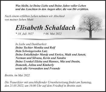 Traueranzeige von Elisabeth Schaldach  von Magdeburger Volksstimme