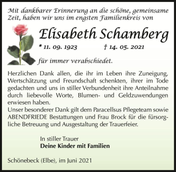 Traueranzeige von Elisabeth Schamberg  von Magdeburger Volksstimme