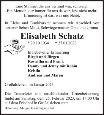 Traueranzeige von Elisabeth Schatz  von Magdeburger Volksstimme