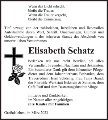 Traueranzeige von Elisabeth Schatz  von Magdeburger Volksstimme