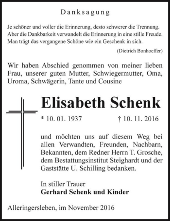 Traueranzeige von Elisabeth Schenk  von Magdeburger Volksstimme