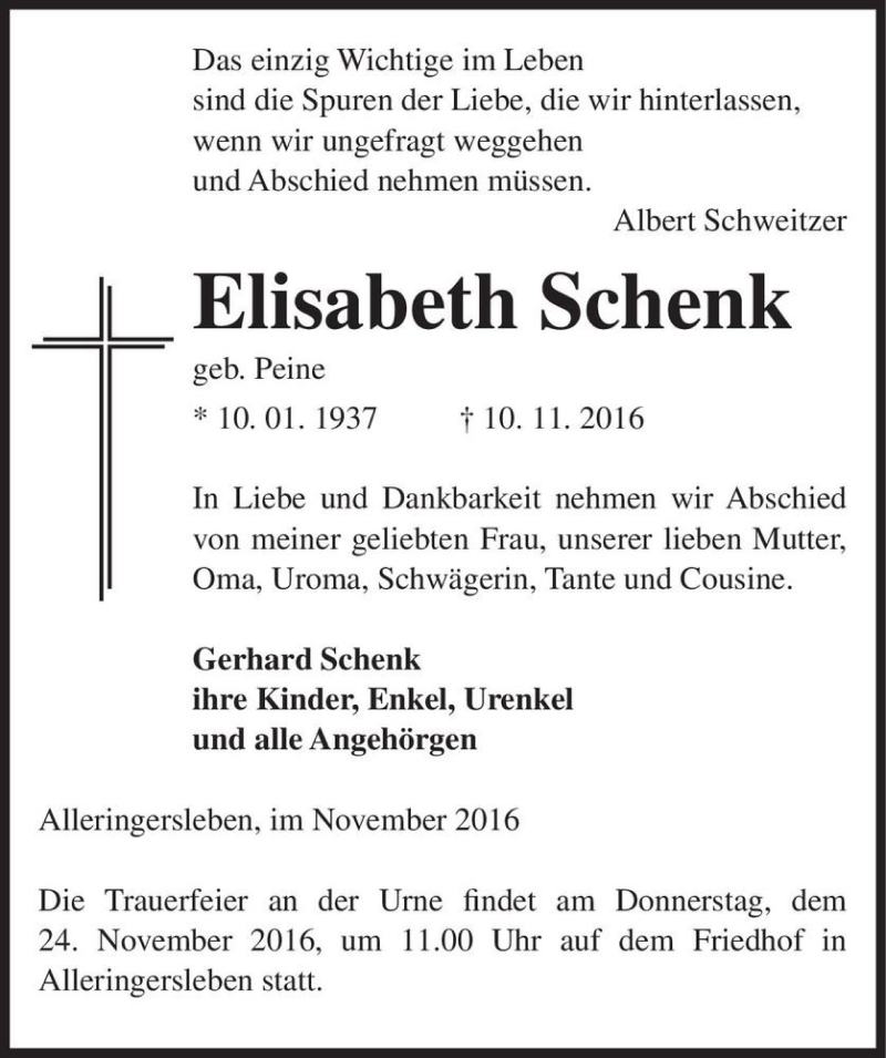  Traueranzeige für Elisabeth Schenk (geb. Peine)  vom 15.11.2016 aus Magdeburger Volksstimme