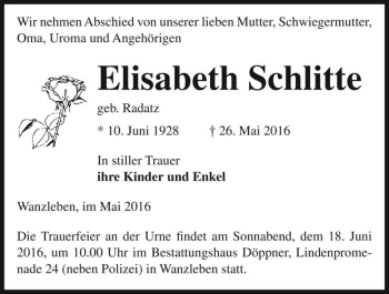 Traueranzeige von Elisabeth Schlitte (geb. Radatz)  von Magdeburger Volksstimme