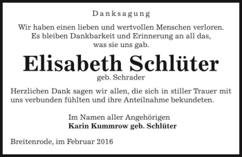 Traueranzeige von Elisabeth Schlüter (geb. Schrader)  von Magdeburger Volksstimme