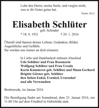 Traueranzeige von Elisabeth Schlüter (geb. Schrader)  von Magdeburger Volksstimme