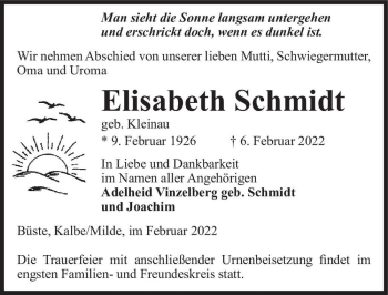 Traueranzeige von Elisabeth Schmidt (geb. Kleinau)  von Magdeburger Volksstimme