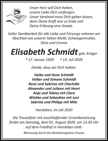 Traueranzeige von Elisabeth Schmidt (geb. Krüger)  von Magdeburger Volksstimme