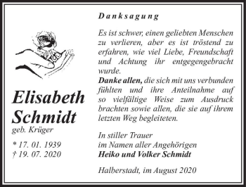 Traueranzeige von Elisabeth Schmidt (geb. Krüger)  von Magdeburger Volksstimme